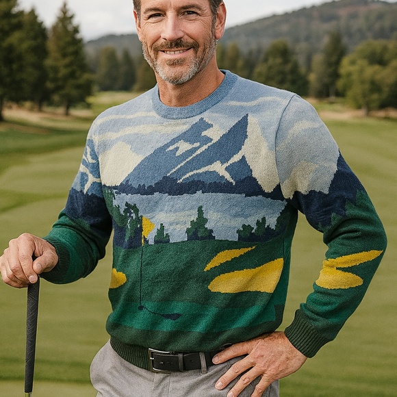 Club Room Merino Wool Golf Fashion Novelty Mountain Sweater Large - Picture 1 of 9
